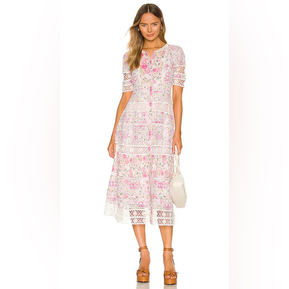 Love Shack Fancy pink midi embroidered dress